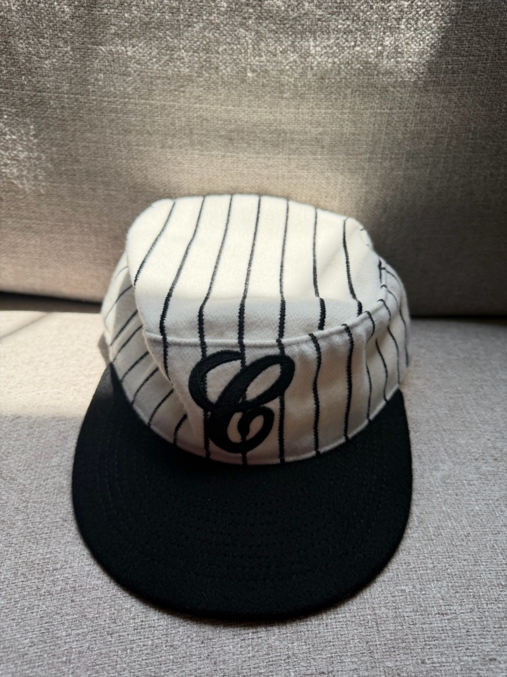 6Crayon Striped White & Black Cotton Five-Panel Cap with Embroidered 'C'